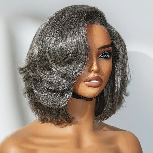 salt and pepper gray wigs for black women,human hair wigs grey salt and pepper,layered cut bob glueless 5x5 13x6 lace wig C part