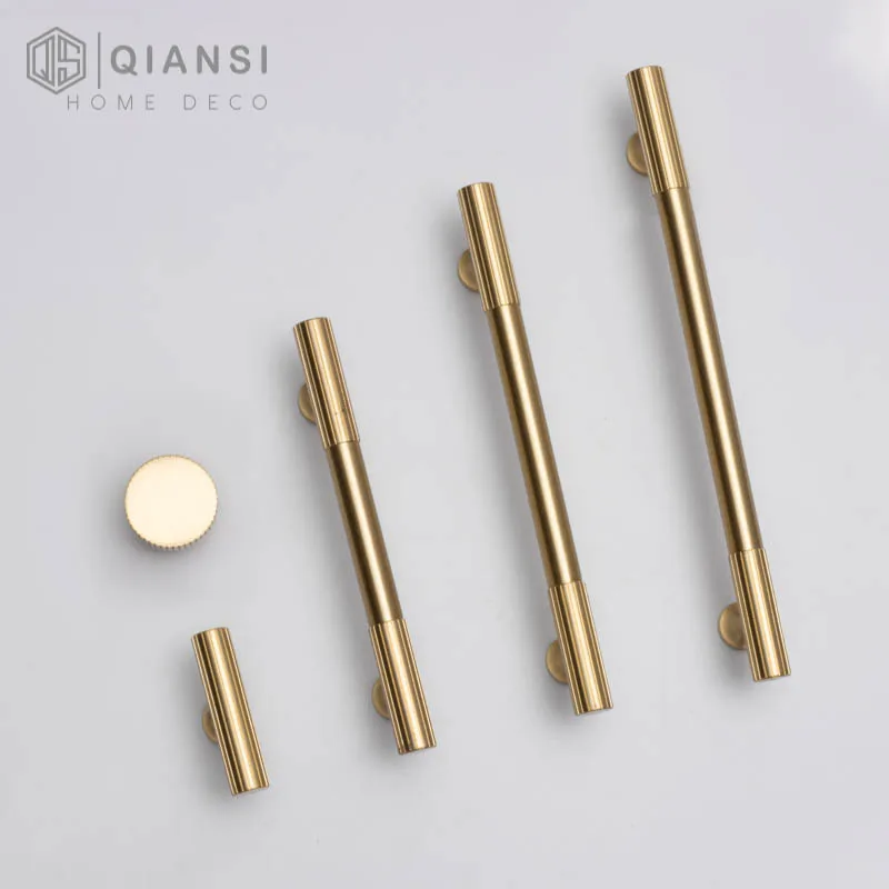 Qiansi High Quality Brass t bar 96mm 128mm Long Furniture hardware Kitchen Brushed Finish Drawer Knob for Dresser Modern Handles