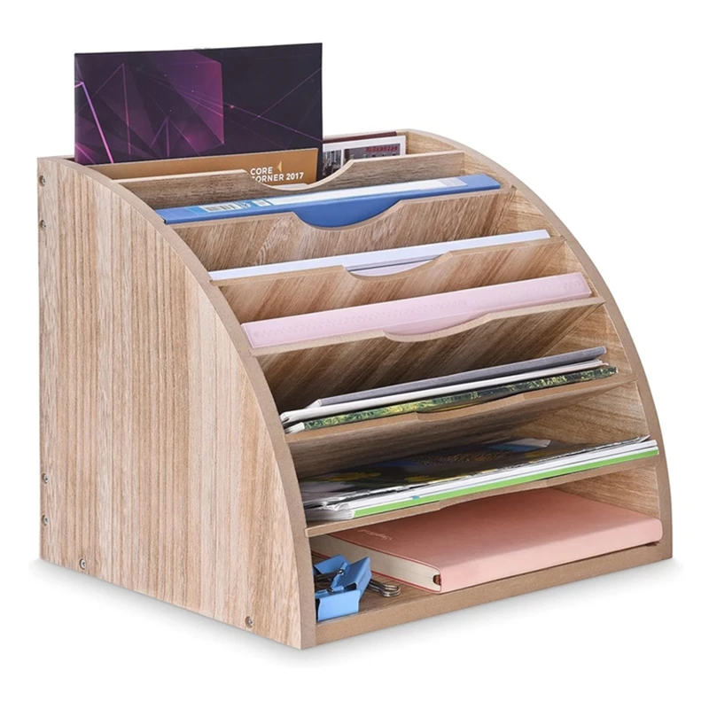 Rustic Wooden Desktop File Organizer 5 Tier Paper Letter Tray Organizer Magazine File Holder for Office Supplies School