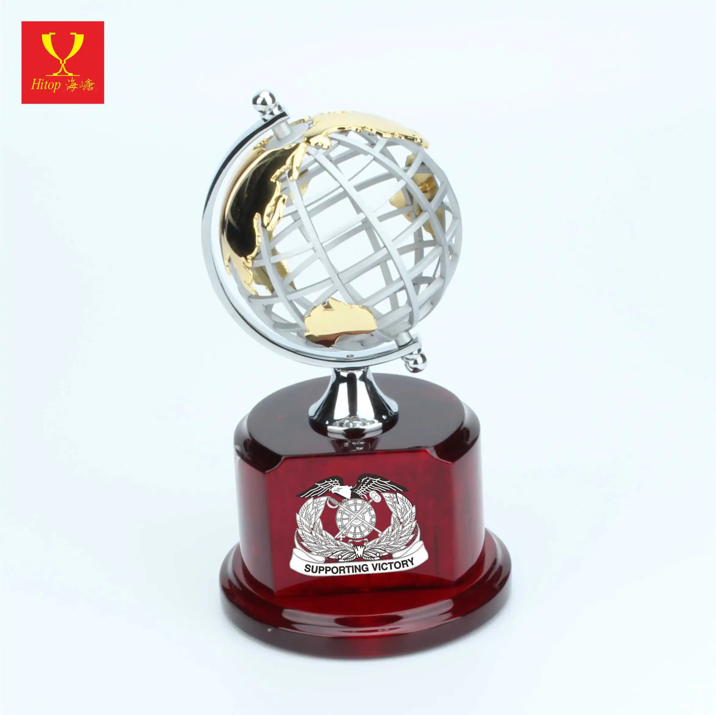 Silver Metal Globe Business Gift With Piano Coating Base customize wooden box and trophy
