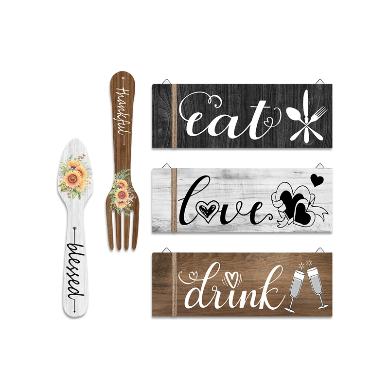 Kitchen Dining Room Wall Art Decor Wooden Hanging Signs Eat Drink Love Spoon Knife And Fork Wooden Tag For Home 5 Pcs Set