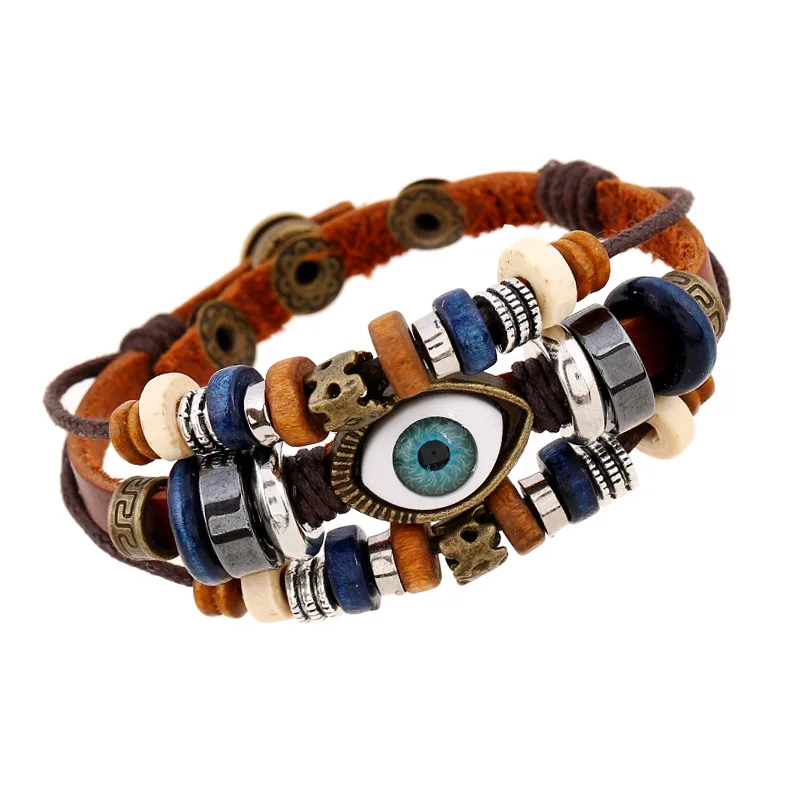 Beaded Eyes Cowhide Bracelet Pull Adjustable Couple Leather Bracelet
