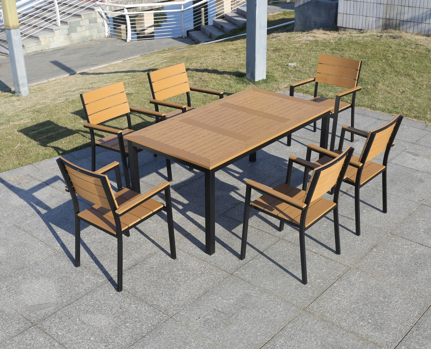 AWT003L China wholesale outdoor furniture plastic wood 160cm long table  with 4 or 6 people for garden patio villa courtyard