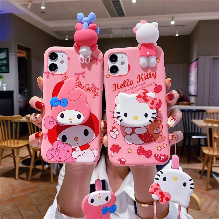 High Quality TPU Cute Kitty with Holder and Lanyard for casing iphone 14 promax