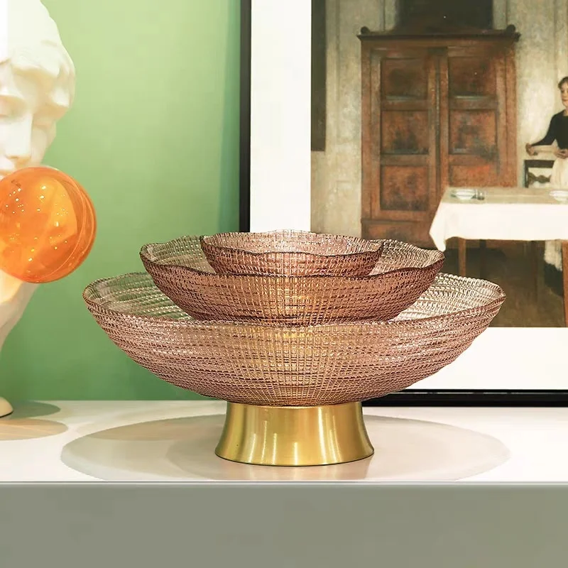 Salad Bowl European Luxury Home Decor Serving Dessert Bowls Pink Snacks Gold Stand Decorative Glass Fruit Bowl