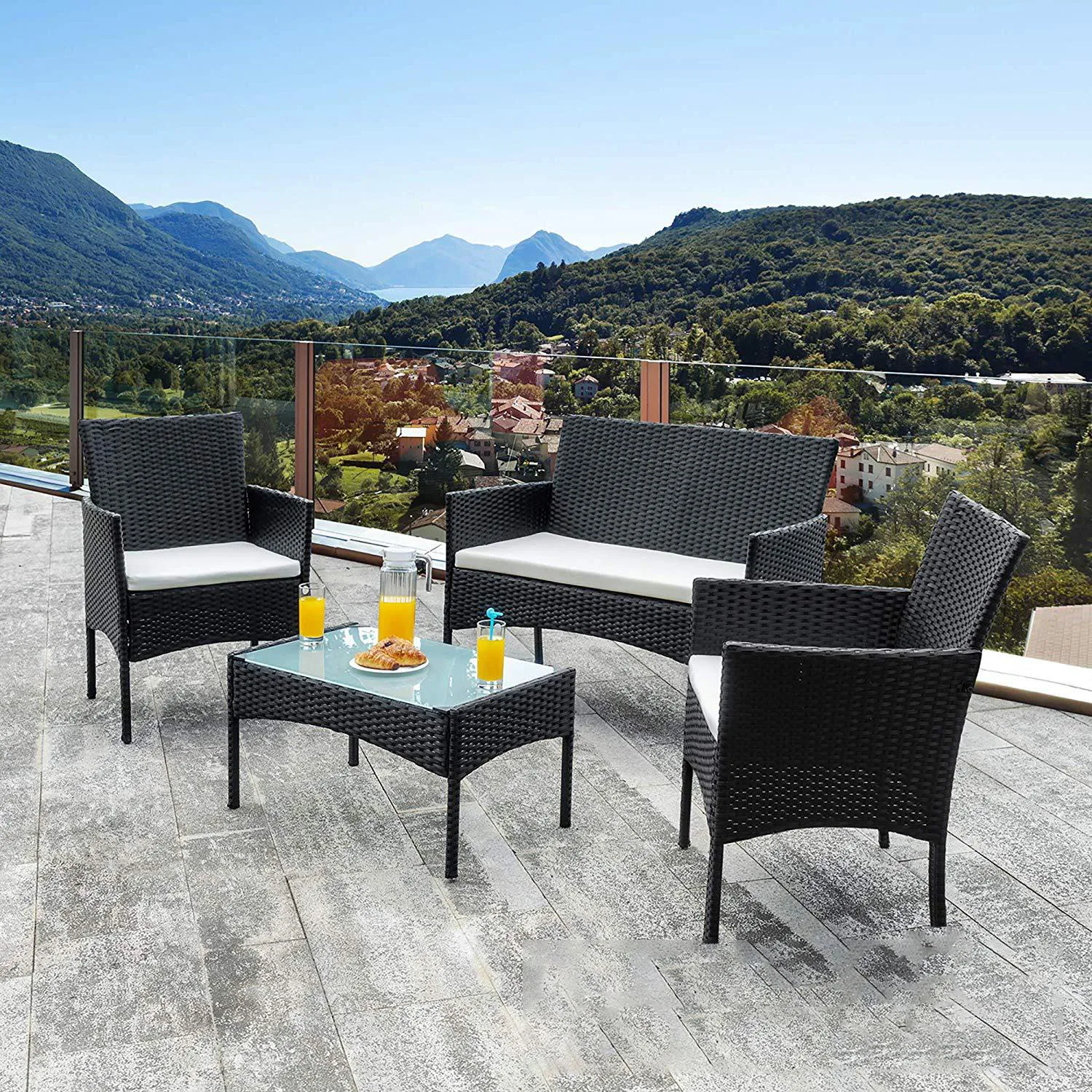 Outdoor Furniture Garden Courtyard Patio Four-piece Leisure Plastic Rattan Wicker Sofas Chair Set with table