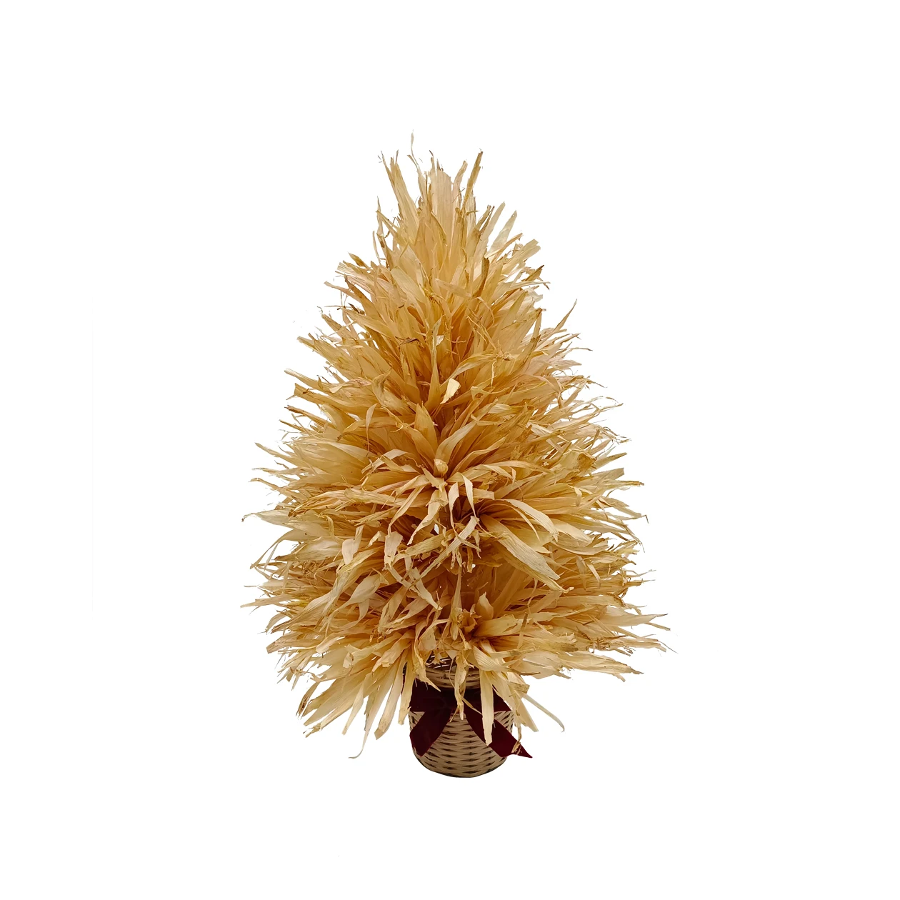 3FT Natural Corn Husk Pot Christmas Tree With Bamboo Woven Velvet Bow Pot For Christmas Decorations