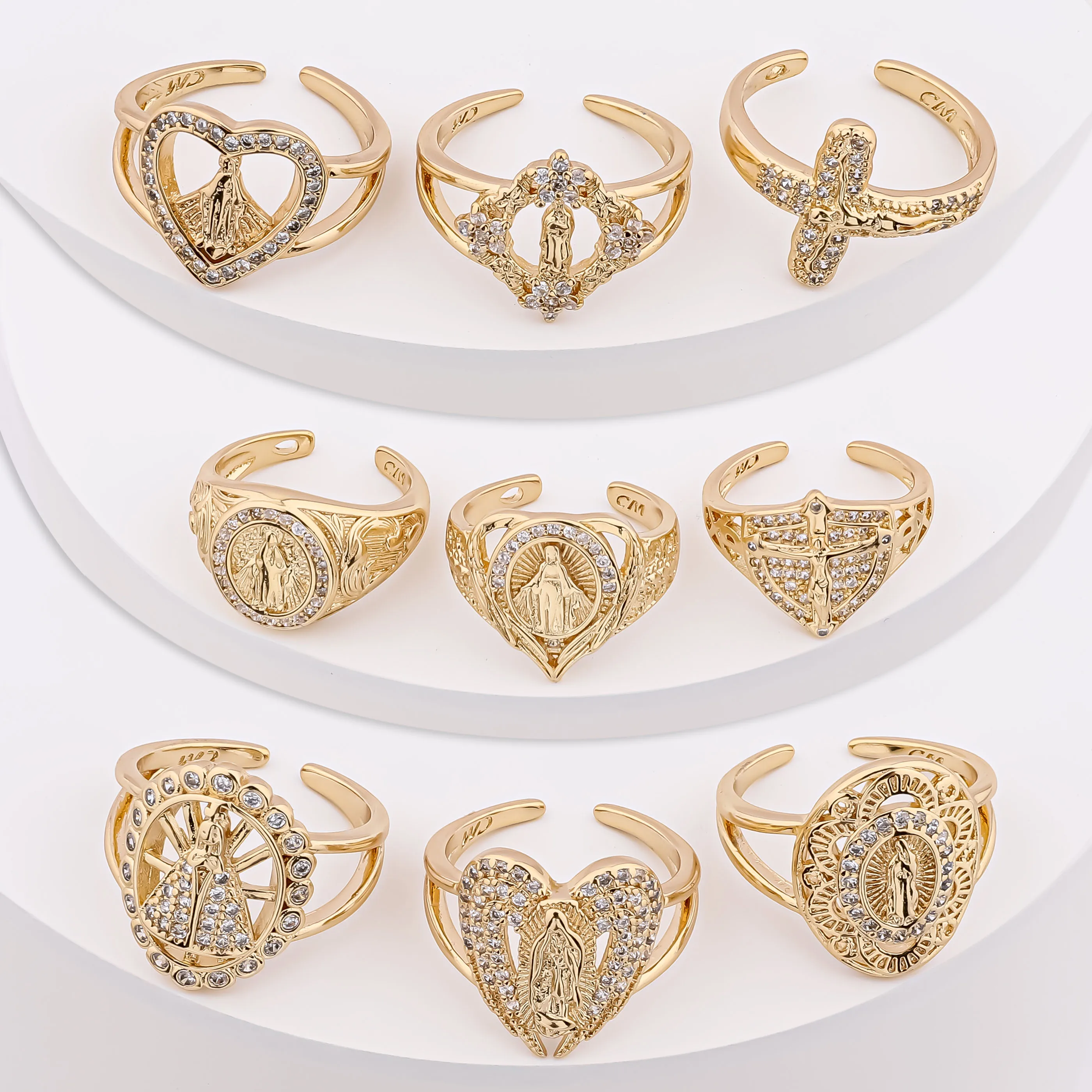 Latest 18K gold plated Brass Catholic Religious Rings Zircon Ring Pave Guadalupe Virgen Mary Rings women oro laminado  anillos