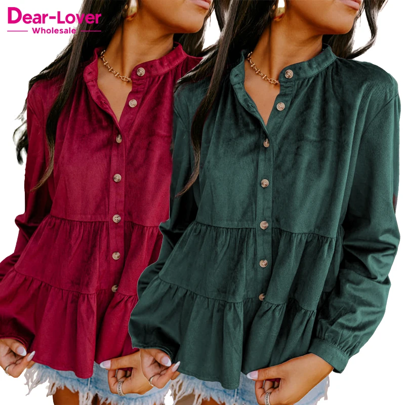 Dear-Lover Wholesale Fashion New Corduroy Ruffle Tiered Buttoned Polyester Vintage Blanks Casual Womens Long Sleeve Shirts