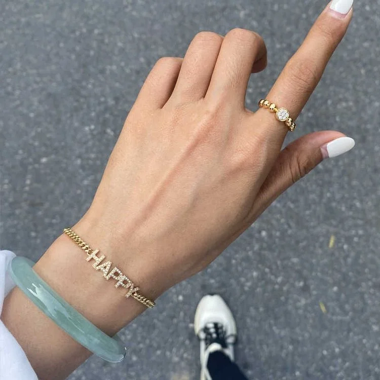Ruyi 18k Gold Happy Letters Bracelets for Women Lab Diamond Bracelet Jewelry Friendly Gift