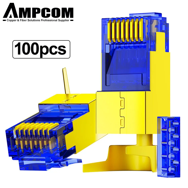 AMPCOM 100pcs/dozen CAT7 RJ45 Connector Gold Plated Stainless Steel Copper Shielded