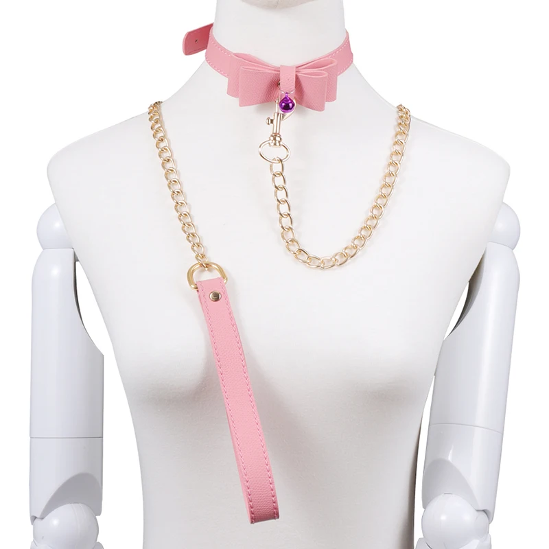 High quality pink choker bow tie with bell leash sex slave dog neck collar bdsm collar for women