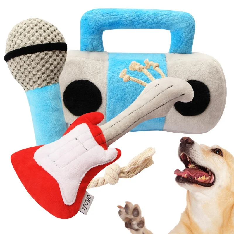 Wholesale Creative Durable Microphone Guitar Speaker Simulation Squeakly Pet Dog Toy Mini Fruit Soft Stuffing Plush Dog Toy