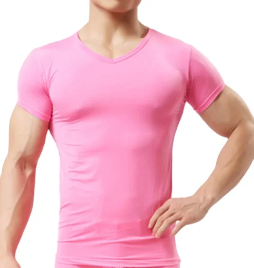Мужская Просвечивающая футболка из вискозы, бесшовная дышащая рубашка с короткими рукавами и V-образным вырезом, нижнее белье для мужчин