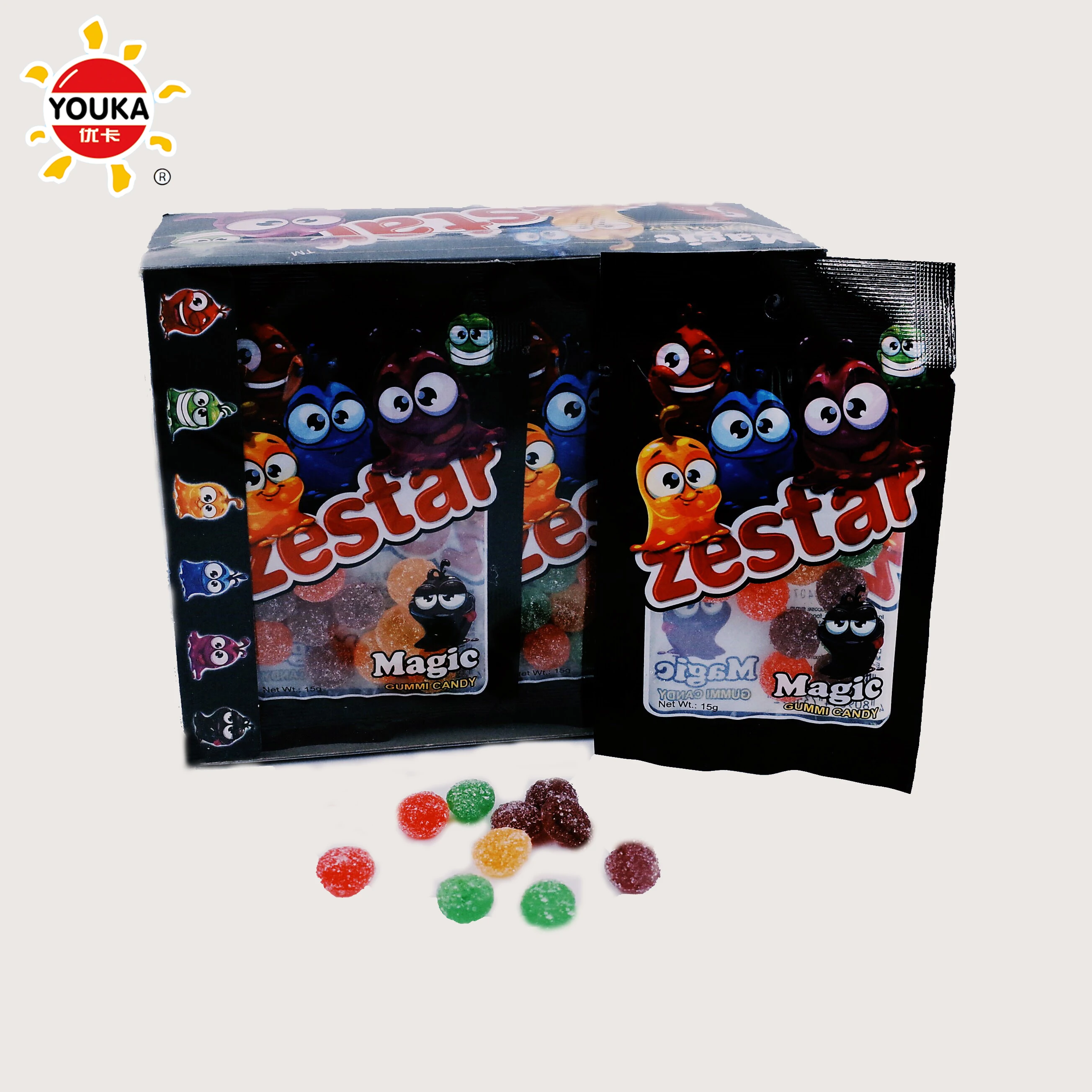 
15g Round Shape Soft Gummy Candy Mix Fruit Flavours Sugar Coated Rubber Candy 