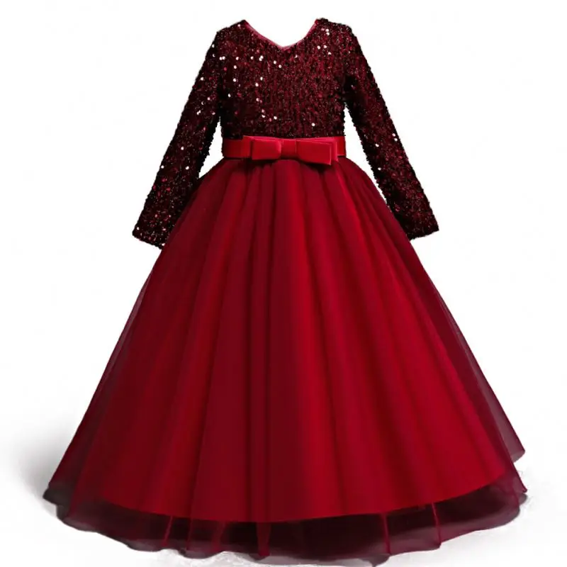 Western style gorgeous princess gown for girls  green long sleeve Sequin big girl party dresses girl party dresses for 12Y