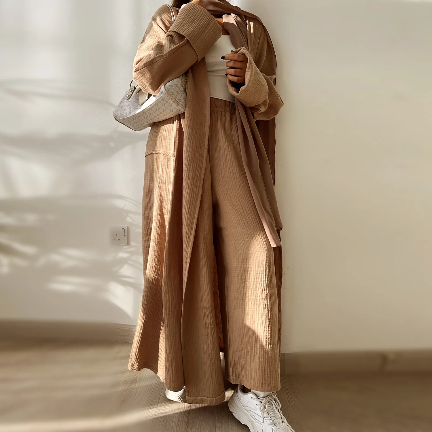 Limanying fashion plain abaya dubai 100% cotton women pants 2 piece sets kimono eid clothes muslim women dress ethnic