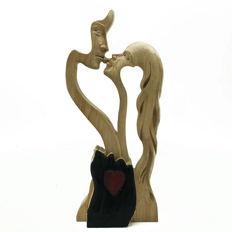 wooden sculpture Ornaments wood piece sculpture Couple Kissing Statue 16cm wooden sculpture stand Love Art Ornaments valentine