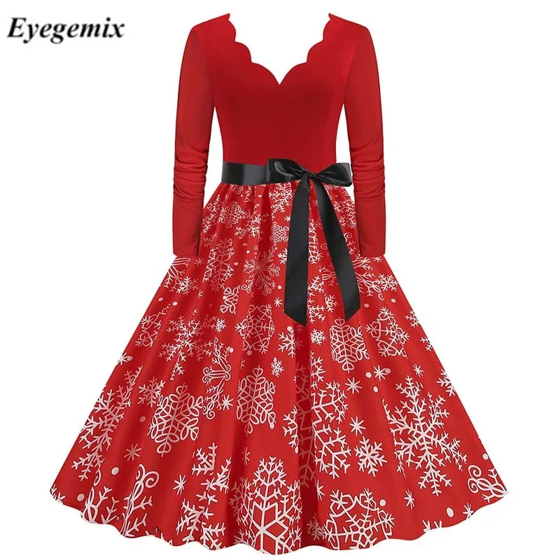 Women Christmas Dress Winter Vintage Long Sleeve V Neck Print Evening Party Xmas New Year Prom Dress