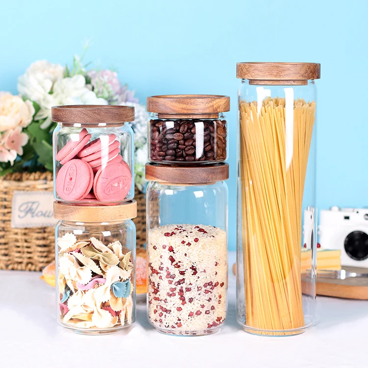 Airtight Smell Proof Glass Food Spice Storage Jars with Acacia Wood Lids Kitchen Containers