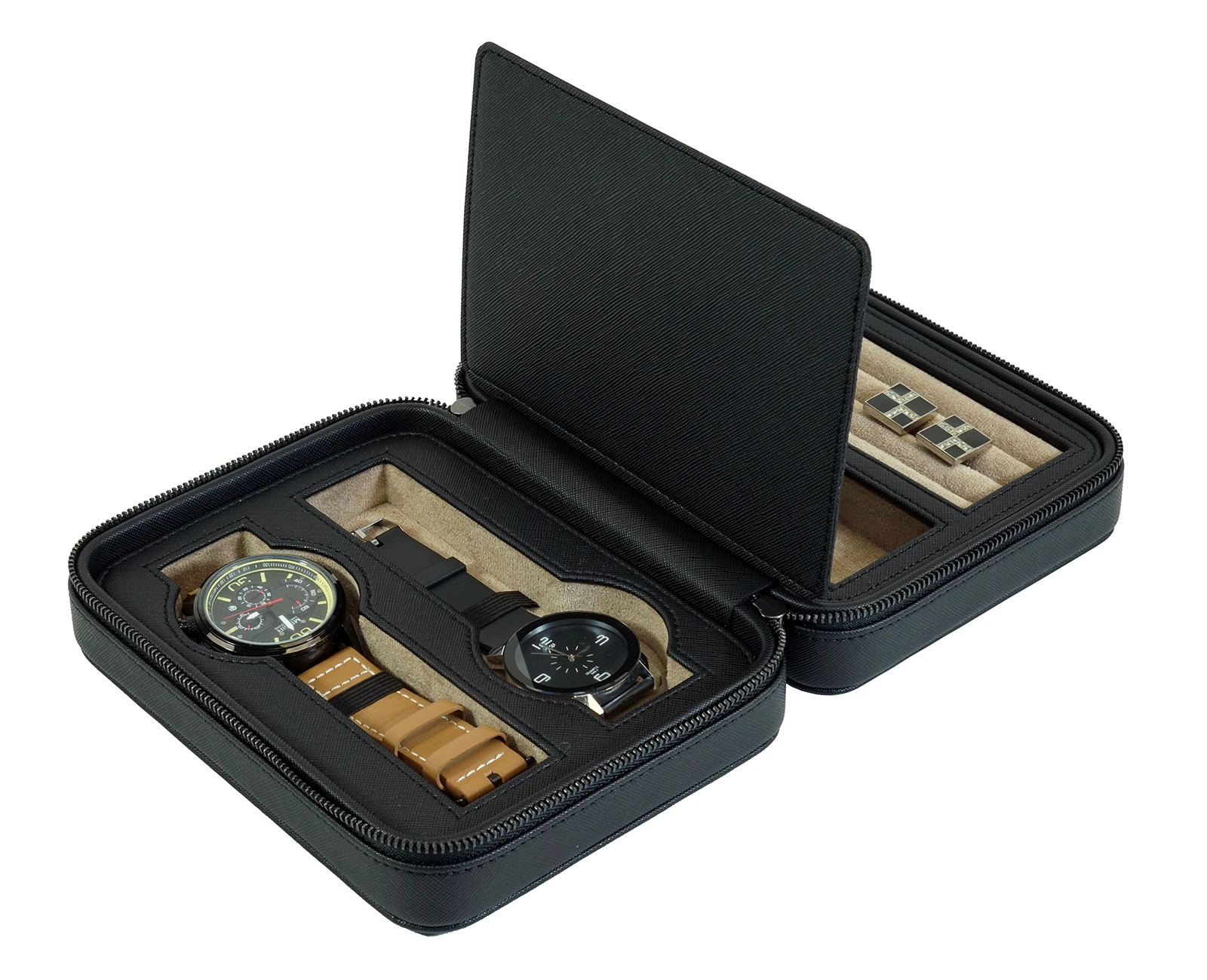 Sonny Custom Black Leather Travel Jewelry Box Case for Watch Cufflink Bracelet