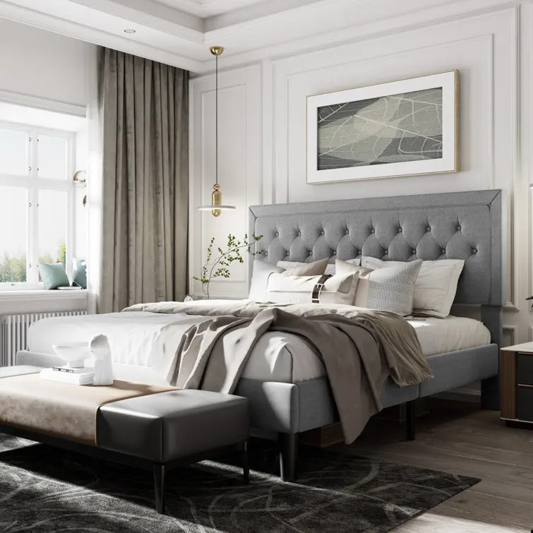 Kainice platform bed frame soft double king size extendable queens beds upholstered tufted high headboard modern bed