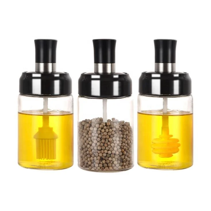 8 OZ Transparent glass seasoning jar with integrated spoon and lid for household use