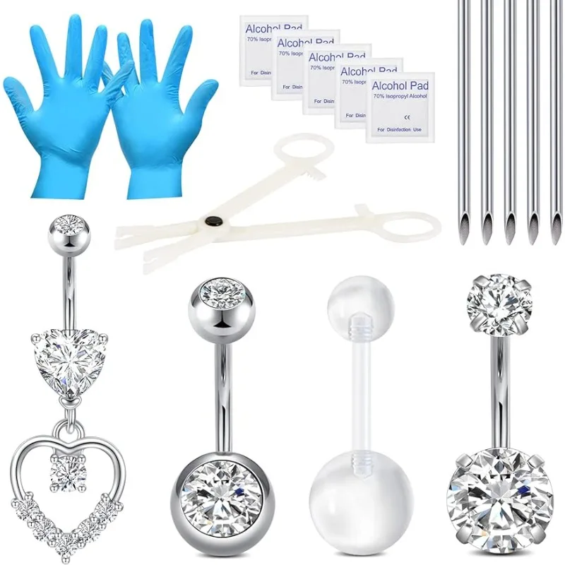 Belly Button Piercing Kit,Stainless Steel 14G Belly Button Rings Piercing Needles Disposable Piercing Clamps Set Navel Belly