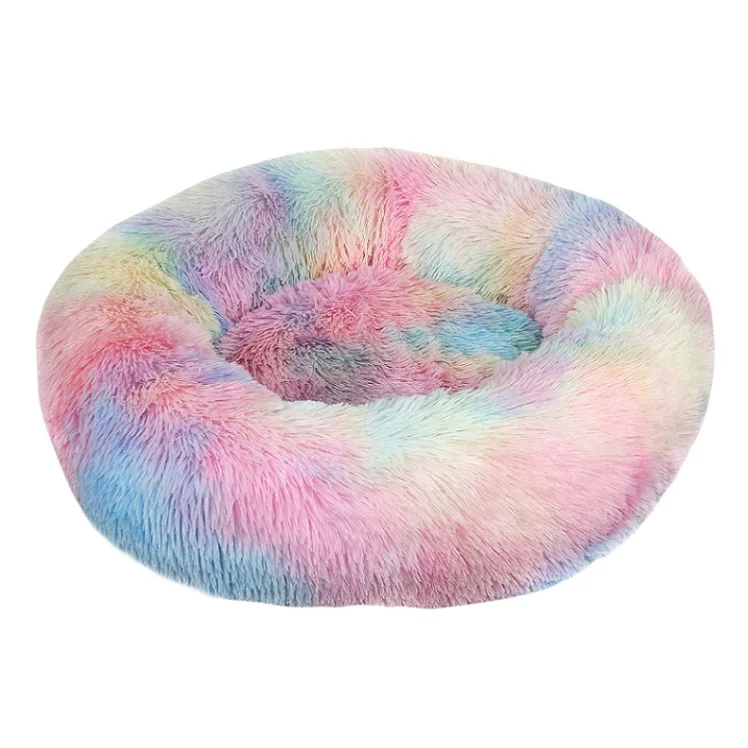 Hot Sale Fluffy Faux Fur Tie Dyed Donut Round Pet Bed Puppy Cat Dog Mat Sofa Comfortable Washable Pet Mattress