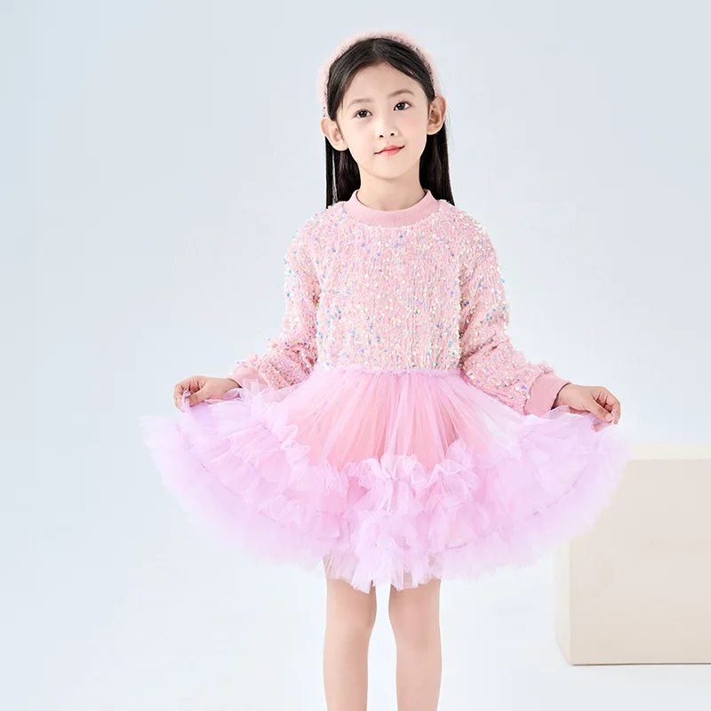 Spring children long sleeve sequined birthday party evening Polyester puffy mesh dress for teenage young girls