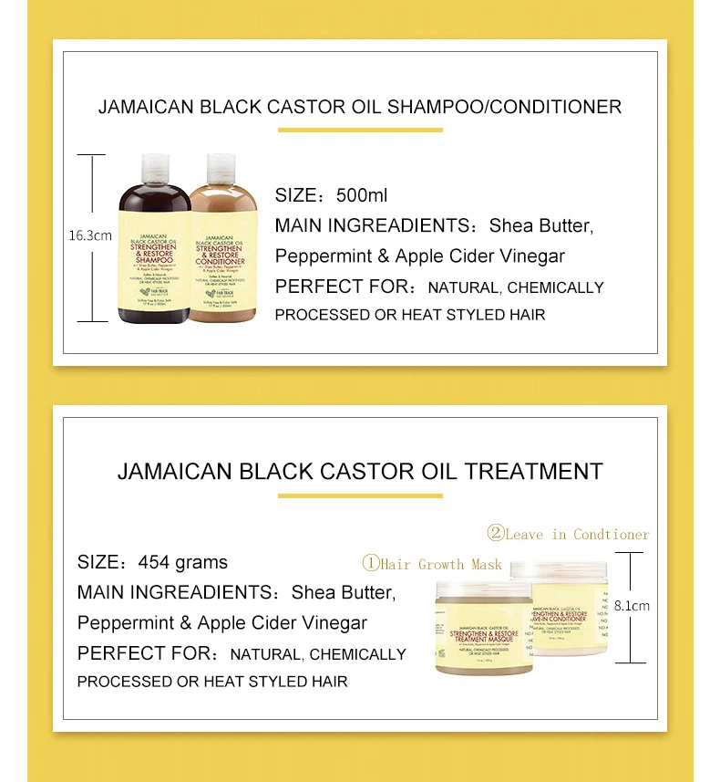  Чистый органический шампунь для роста волос Jamaican 500 мл с черным касторовым