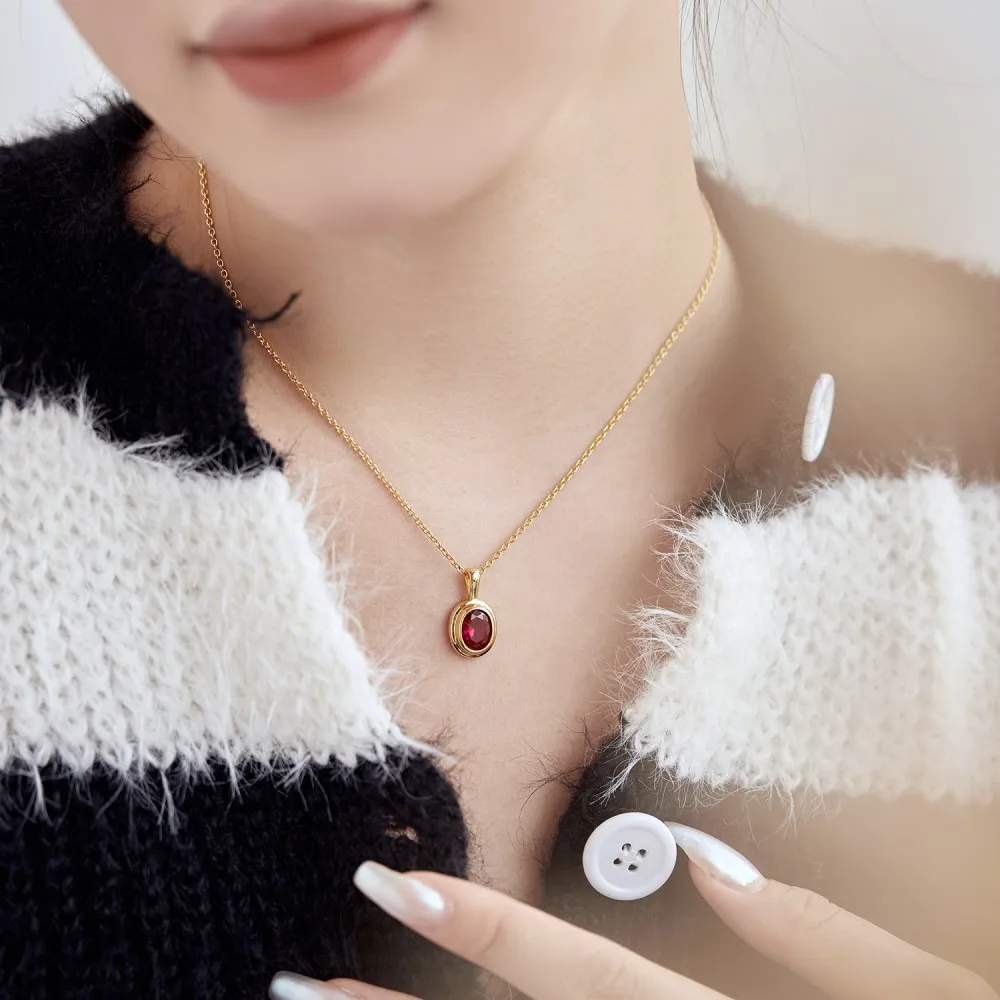 Dylam Best Valentine Days Gift In Stock Fine Jewelry 925 Sterling Silver Red Oval Shape 5A Zirconia Pendant Necklace