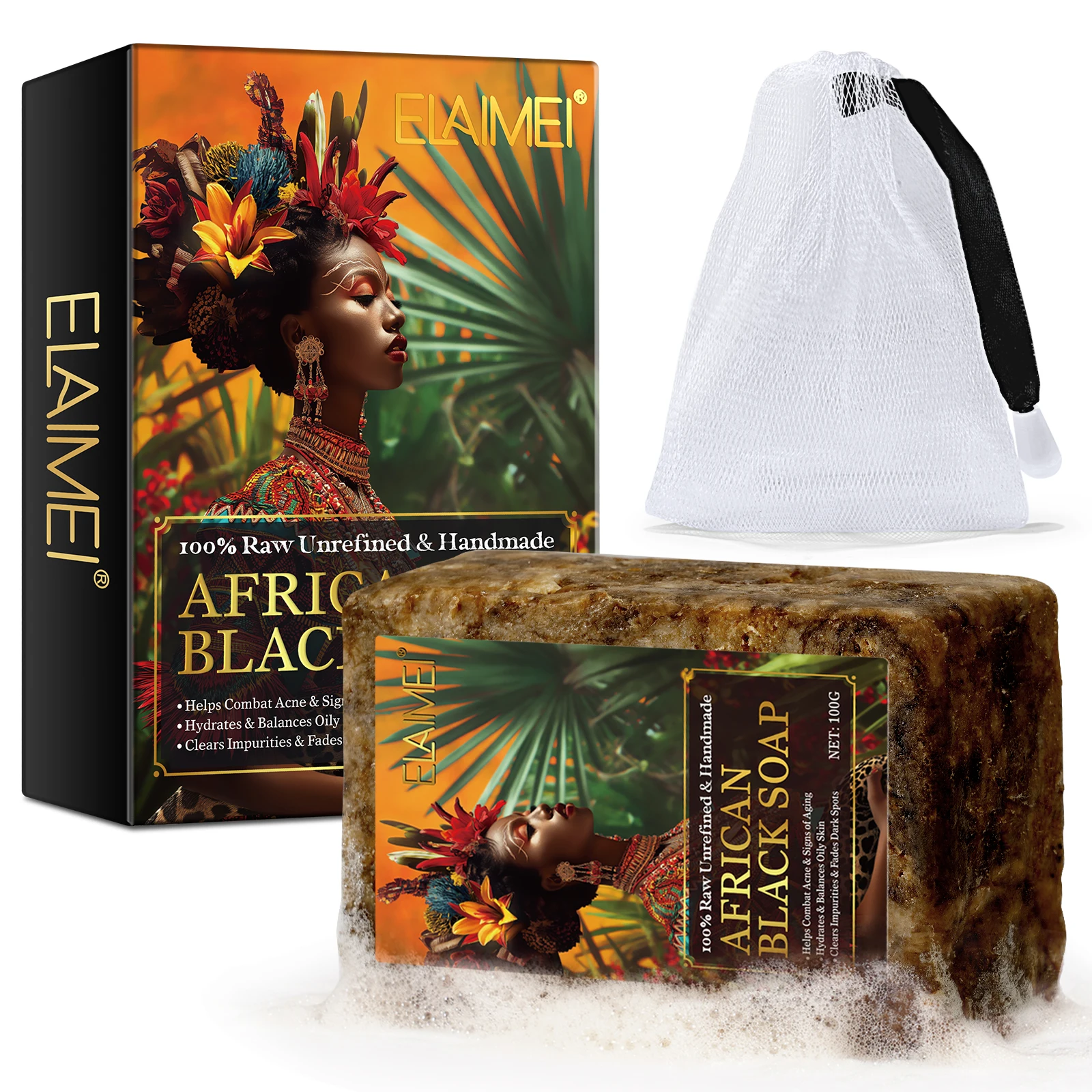 ELAIMEI hydrates balances oily skin clears impurities 100g black soap scrub organic african black soap for black spots