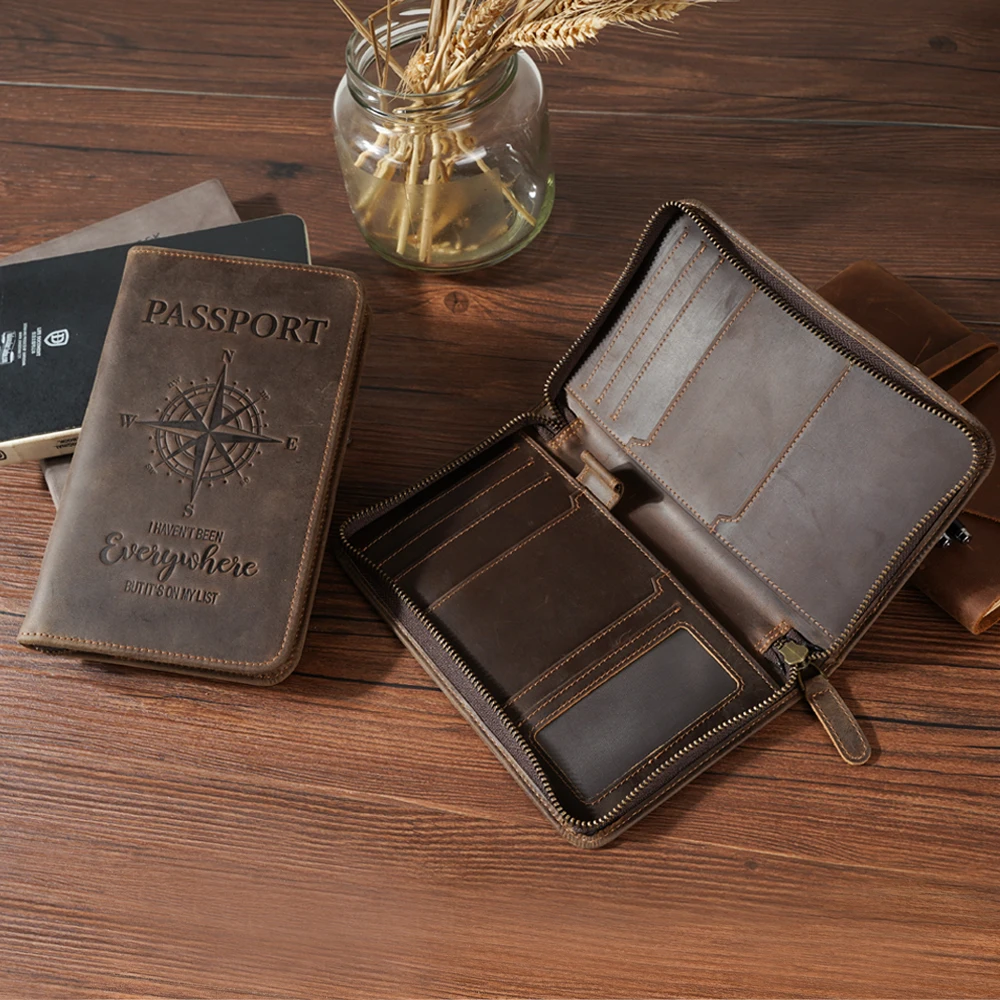 Compass Pattern Or Custom Logo Vintage RFID Blocking Men Travel Zipper Genuine Cowhide Leather Passport Holder Cover Wallet