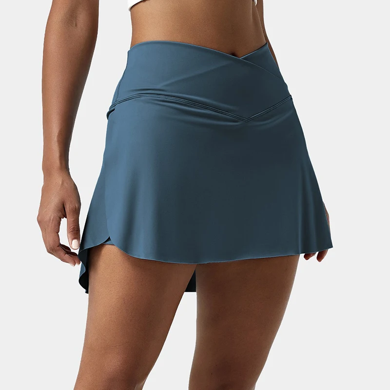 OEM New Design Wholesale Women Slim Fit Breathable Solid Dress Everyday Crossover Side Pocket 2-in-1 Tennis Skirt-Lucid