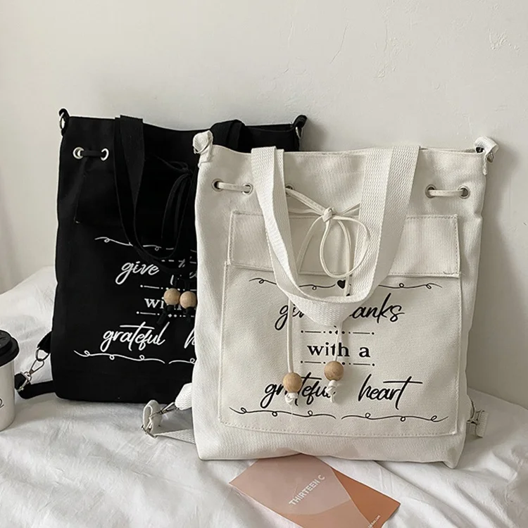 Japanese Harajuku Letter Fresh Canvas Shoulder Bag 2022 New Student Large Capacity Drawstring Backpack Messenger Bag