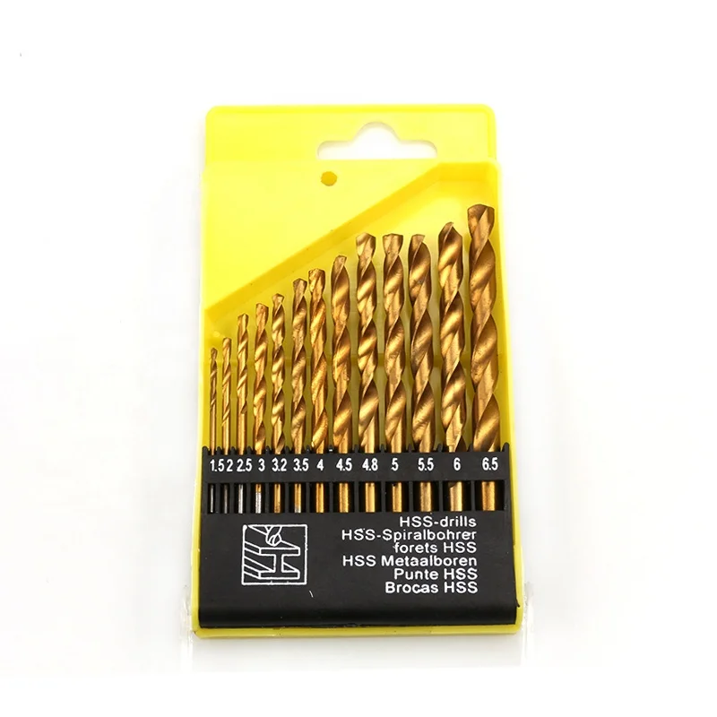 Din338 13pcs tin-coated titanium twist drill bit set hss for steel