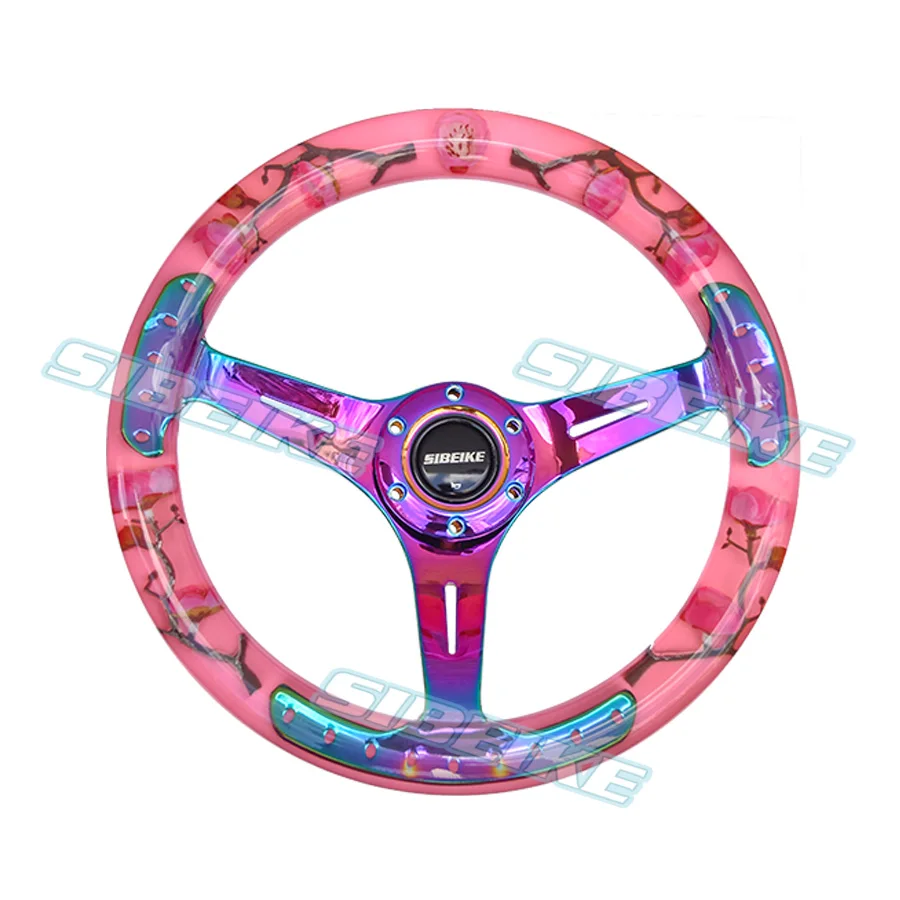 Pink Plum Flower Clear Acrylic Racing Sport Steering Wheel with Neo Chrome Spokes