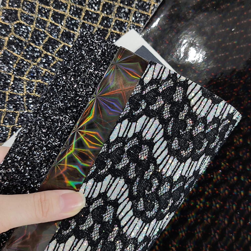 A4/Set Black Faux Leather Sheets Holographic Crocodile Dots Textured Synthetic PU Leather for Leather Bows Earrings Making