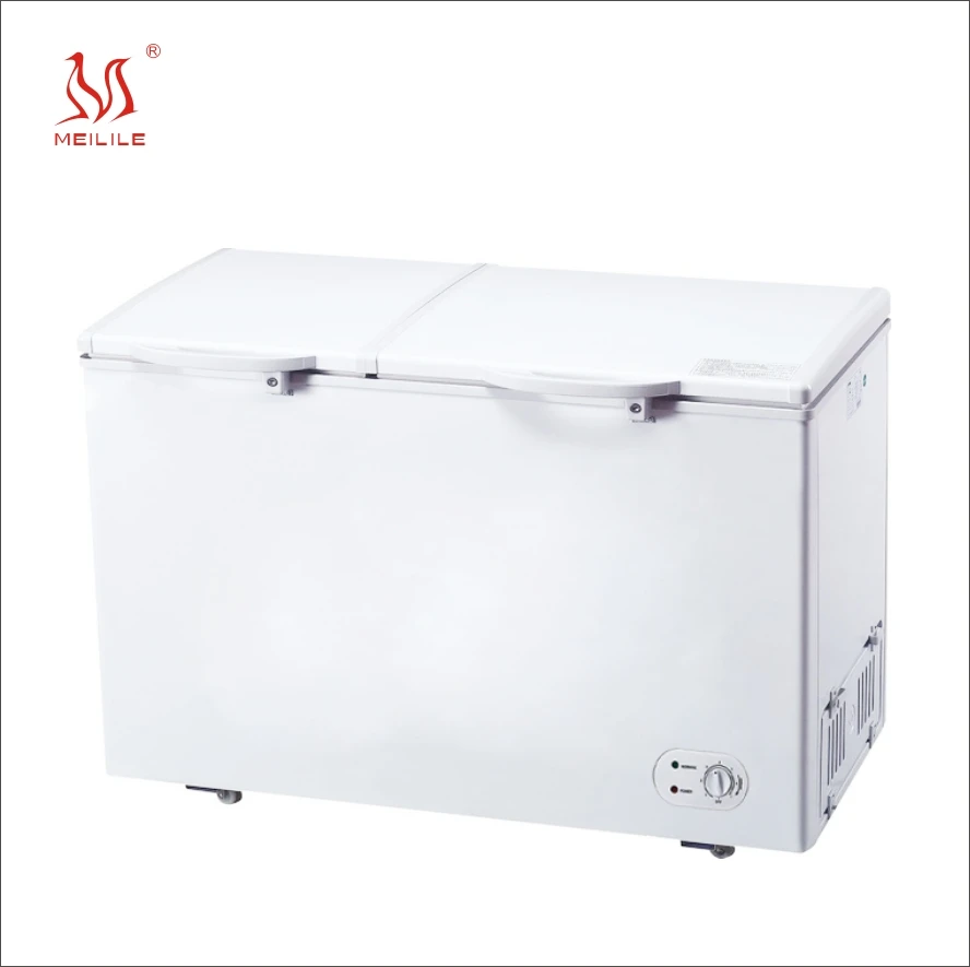 Meilile BCD-305 24v DC solar freezer with two cabinets two temperature for hotel use
