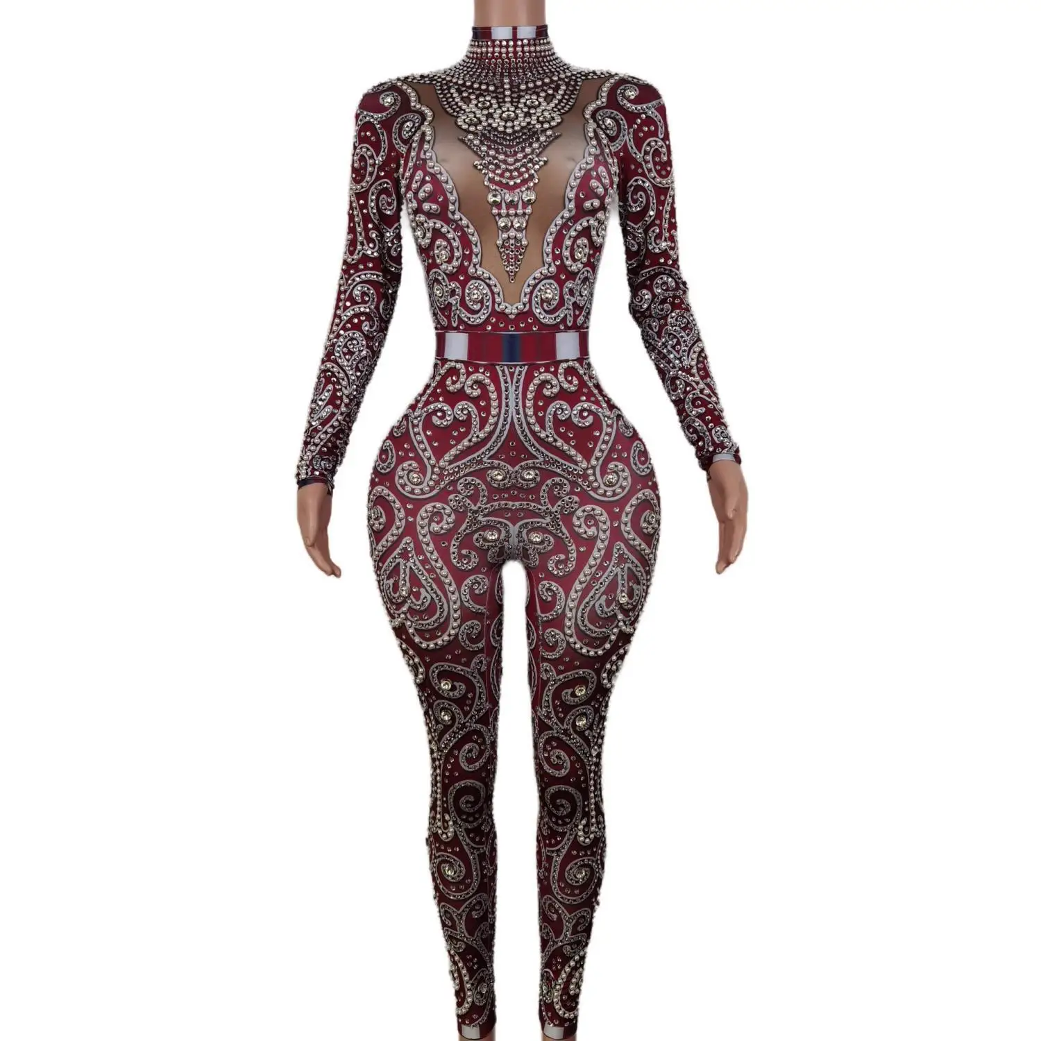 Gold Diamond Pearls Bodysuits Party Club Rompers Rave Festival Outfit Performance Dancer Costume Women Sexy Rhinestone Jumpsuits