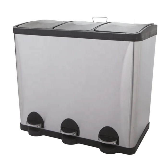 60L Rectangular Stainless Steel 3 Compartments Recycle Bin Recycle Waste Bin Trash Can Dust Bin