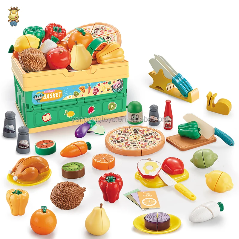 Pretend Play 41PCS Fruit Vegetables Folding Picnic Basket Kitchen Cutting Toys Set