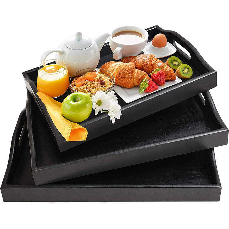 Bamboo Serving Platters Tray Kitchen Food Tray 3 Pack Serving Tray with Handles