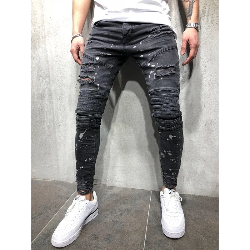 Men Custom Jean Patch Black Straight Jeans Men Painted Ripped Jeans for Men