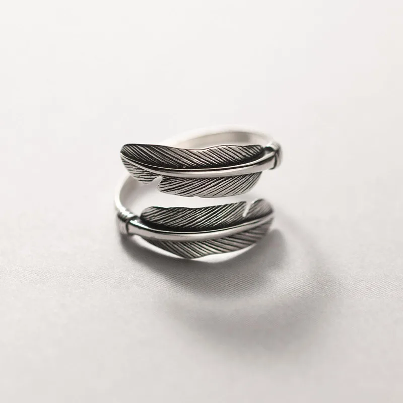 Vintage Thai Silver Fine Jewelry S925 Sterling Silver Feather Open Adjustable Rings For Women