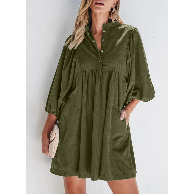 Dear-Lover Wholesale Fast Shipping Corduroy Snap Buttons Empire Waist Bracelet Sleeve Dresses Women Lady Elegant