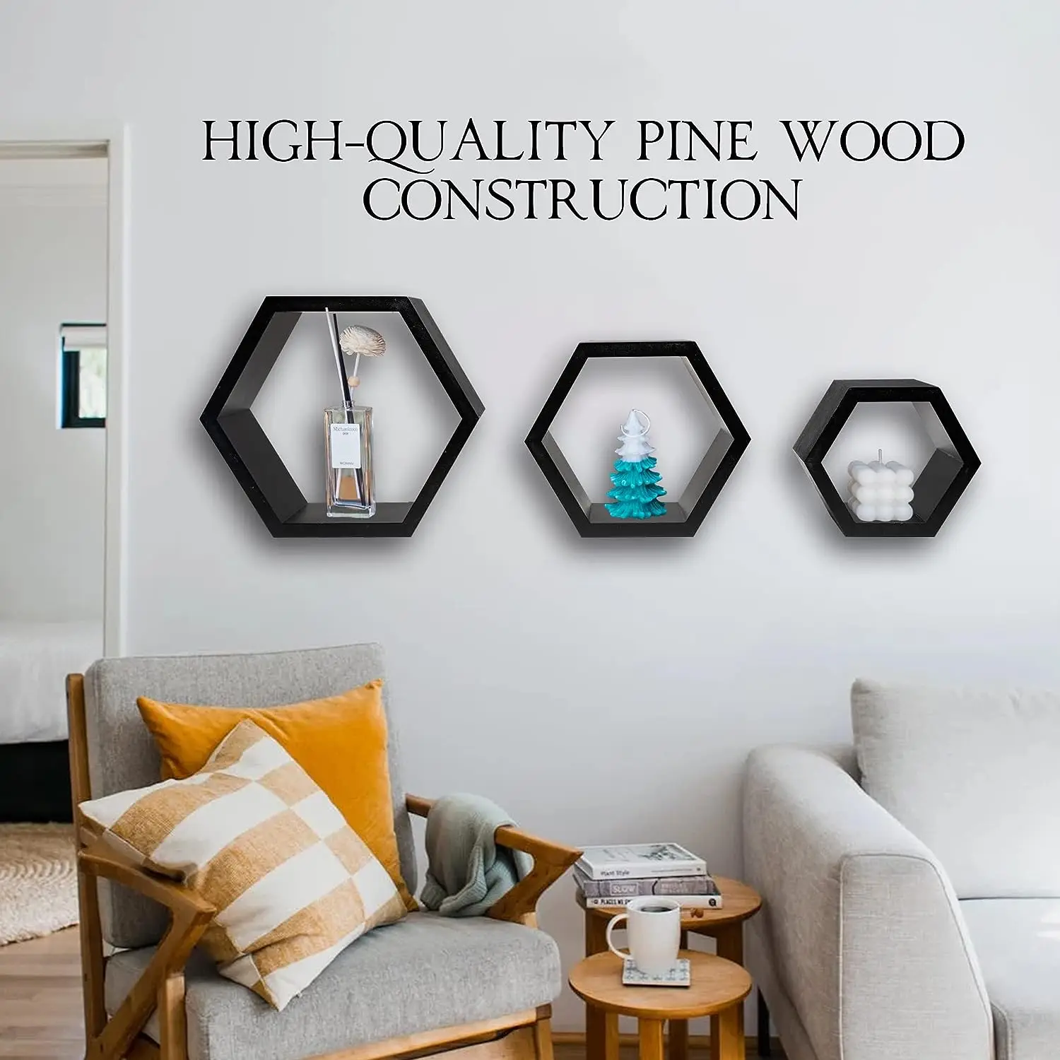 Pine Wood Hexagon Shelves for Wall Decor Wall Mounted Hexagon Floating Shelves Farmhouse Honeycomb Shelves for Room Kitchen