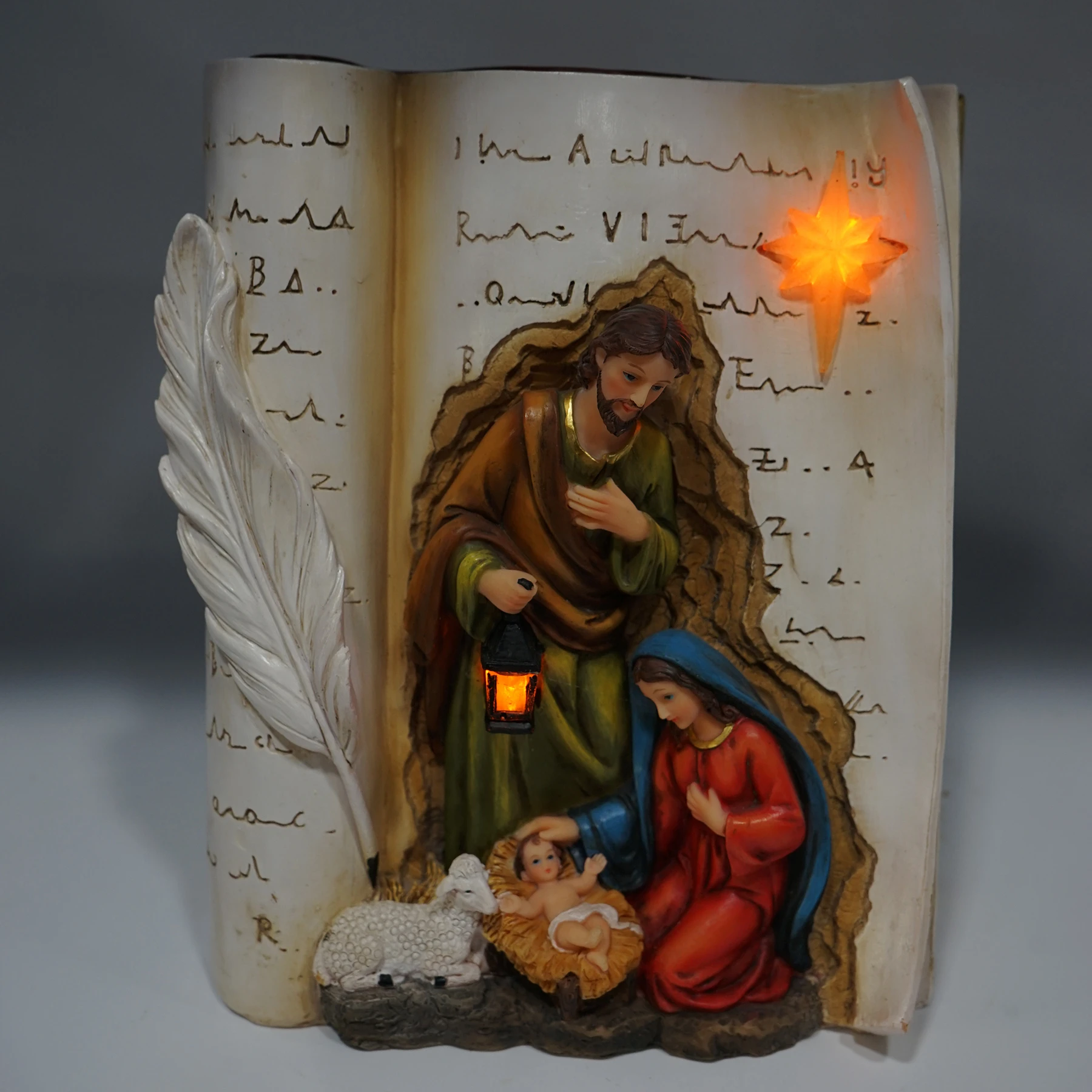 Top Grace Custom Book Holy Family Resin Holy Father, Mara and Baby Jesus Statue With Led Light Table Desk Decoration