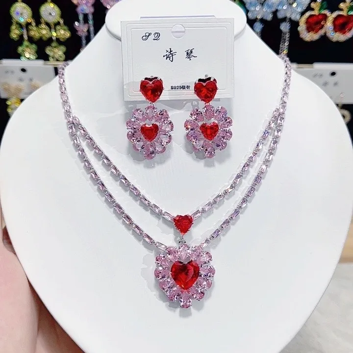 Bulk Order Stones Red Color Crystal Necklace Earring Sets For Wedding Dress Love Jewelry Set